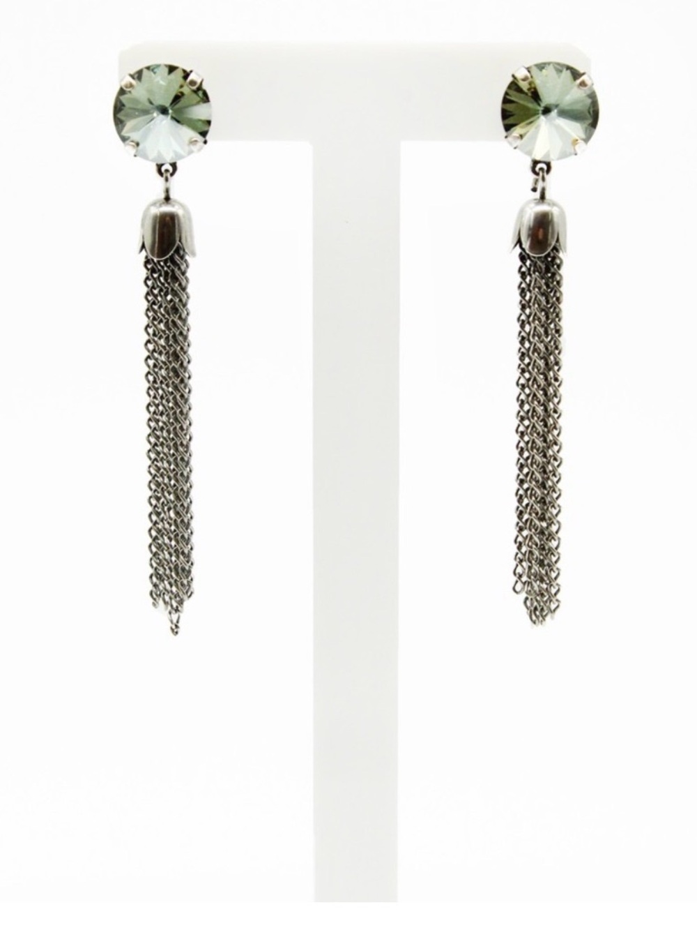Crystal Waterfall Fringe Tassel Earrings Silver Green Tone Rhinestone Statement - Picture 3 of 4
